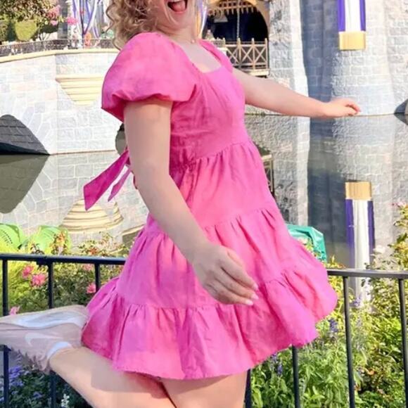 Louna Pink Peasant Babydoll Mini Dress XL Fit n Flare Linen Puff Sleeve $150 - Picture 6 of 13